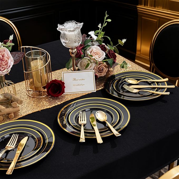 100PCS Black Plastic Plates, 10 Inch Disposable Dinner Plate Party with Gold Rim, Heavy Duty Disposable Plastic Plates for Party, Wedding and Birthday
