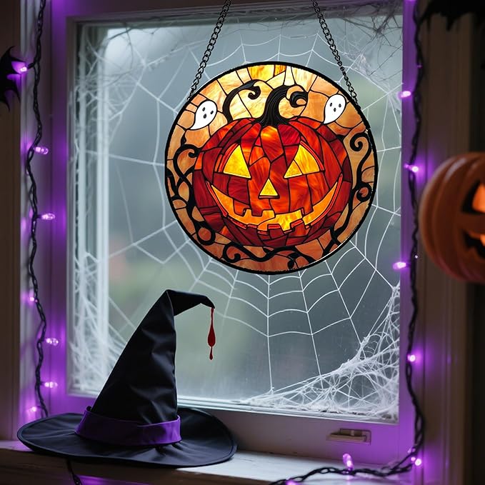 Stained Glass Window Hanging - Halloween Decorations Evil Pumpkin Orange Suncatcher for Doors Garden Indoor Funny Spooky Sun Catchers Gothic Decor Horror Gifts for Women Men Friend 6.3 in