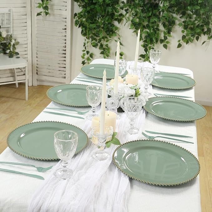 Efavormart 10-Pack Economy Plastic Charger Plates 13" Round Dusty Sage Green with Gold Beaded Rim - Stylish Dinner Party Serving Plates