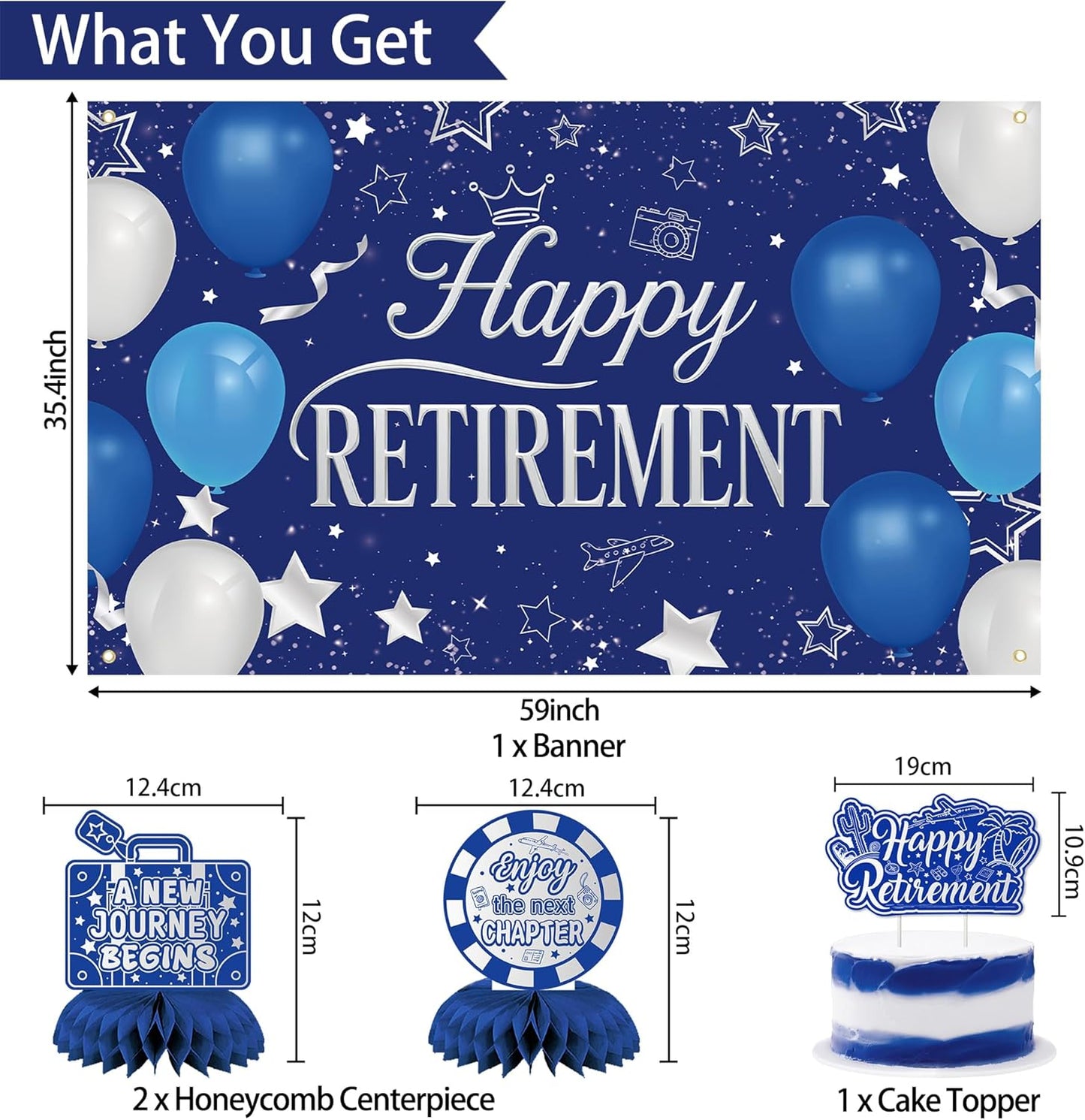 Holkcog Blue Retirement Party Decorations for Women, Silver Blue Happy Retired Banner Backdrop Paper Fan Hanging Swirls for Coworker, I'm Retired Cake Top & Honeycomb Set, Great for Retiring Women