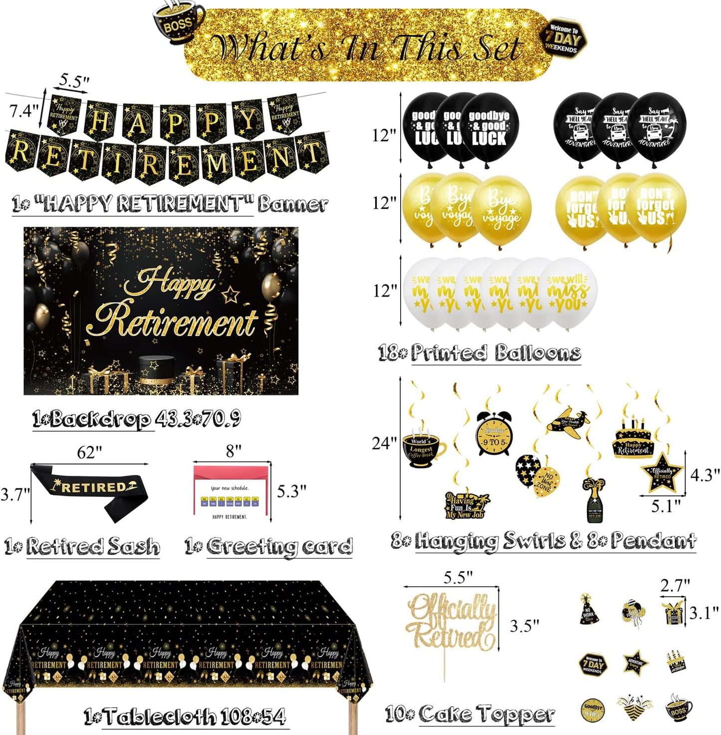 Happy Retirement Party Decorations for Men, Gold Banner, Star Coffee Pennant, Hanging Swirl, Latex Balloons, 70*43" Backdrops,108*54" Tablecloths, Cupcake Topper, Greeting Card, Retired Sash