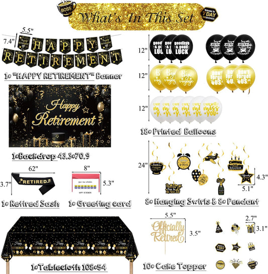 Happy Retirement Party Decorations for Men, Gold Banner, Star Coffee Pennant, Hanging Swirl, Latex Balloons, 70*43" Backdrops,108*54" Tablecloths, Cupcake Topper, Greeting Card, Retired Sash