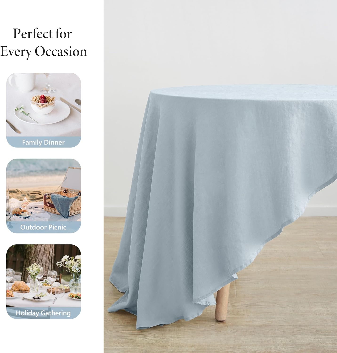 Linen World Blue Linen Tablecloth - 100% French Linen Round Tablecloth 90" Inch,Washable Natural Tablecloth for Dining,Outdoor,Weddings and Restaurants,Decorative Thanksgiving Christmas - Mist Blue
