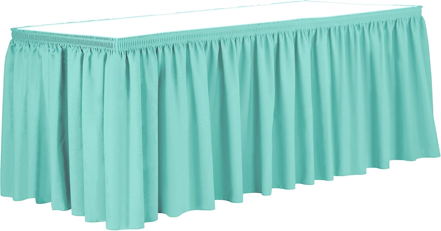 Ultimate Textile Pleat Polyester Fabric Table Skirt - Machine Washable, Flame Resistant, Cut & Sewn in NJ, Desk Skirt - Aqua, 7' Shirred Pleat x 42" h