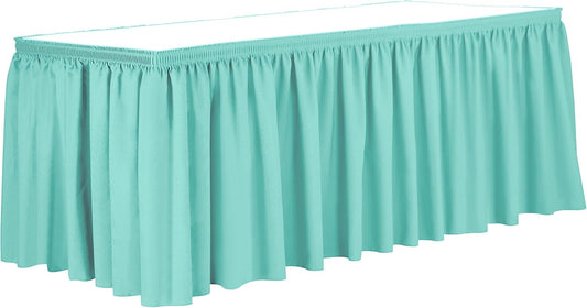 Ultimate Textile Pleat Polyester Fabric Table Skirt - Machine Washable, Flame Resistant, Cut & Sewn in NJ, Desk Skirt - Aqua, 7' Shirred Pleat x 42" h