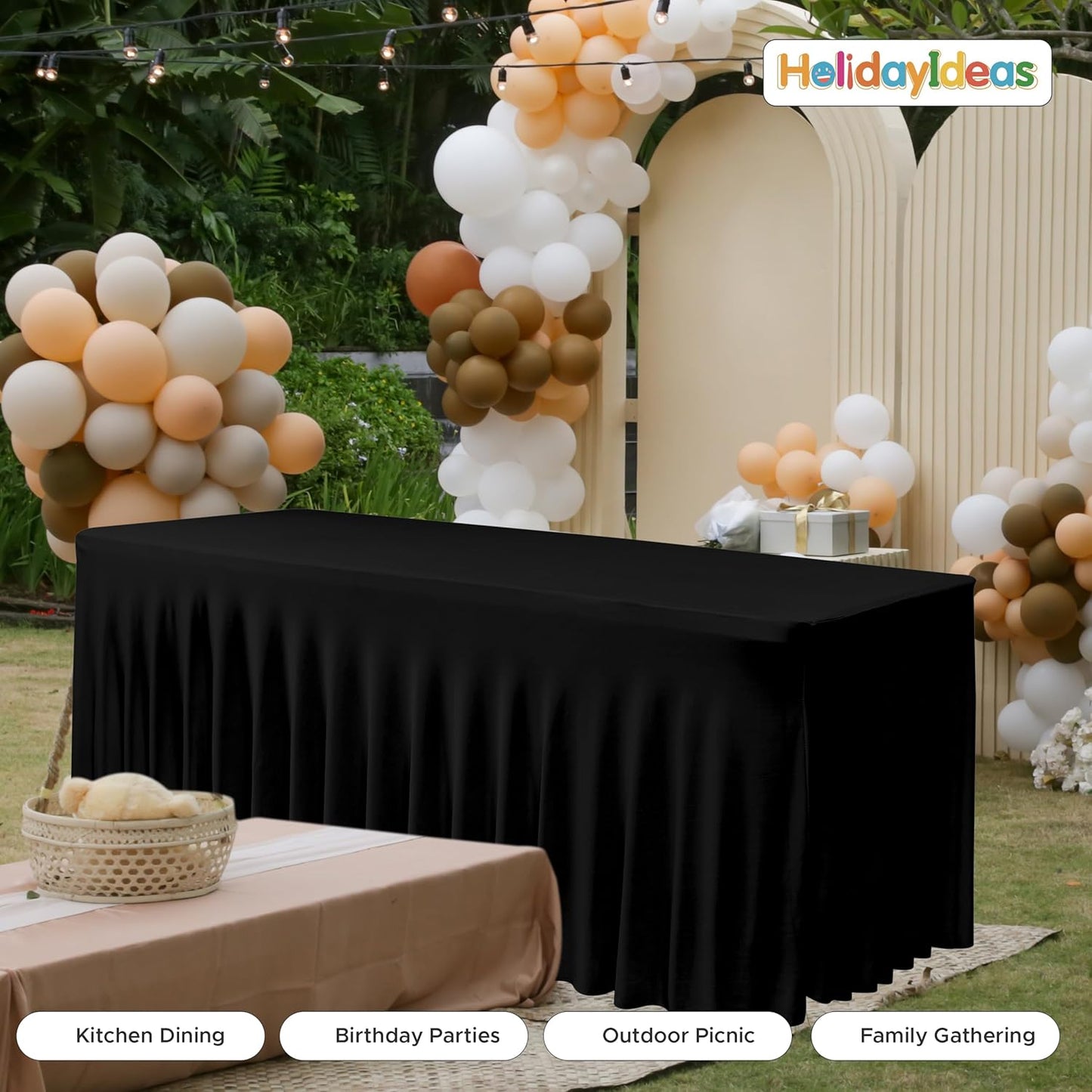 HolidayIdeas Black 8ft Rectangle Spandex Tablecloth 4 Pcs Fitted Stretch Table Skirts 30x96 Inch, Ruffle Design Wrinkle-Free Polyester Table Cover for Banquets,Trade Shows, Parties, Events