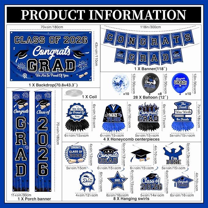 Graduation Decorations Class of 2026 Blue Party Decor Set include Congrats Grad Banner Graduation Backdrop Class of 2026 Balloons Party Supplies
