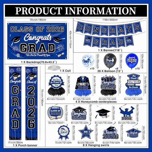 Graduation Decorations Class of 2026 Blue Party Decor Set include Congrats Grad Banner Graduation Backdrop Class of 2026 Balloons Party Supplies