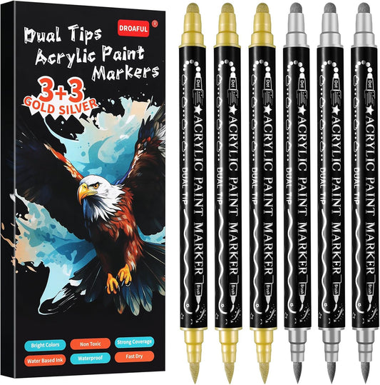 Gold Silver Acrylic Paint Pens Markers, 6 Pc Dual Tips Waterproof Paint Markers For Rock Painting, Fabric, Metal, Glass, Wood, Canvas, Ceramic, Pumpkins, Eggs, Plastic, Non-Toxic & Odor