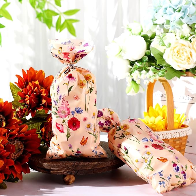 Outus 100 Pieces Party Cellophane Treat Bag Floral Candy Bags for Baby Shower Wedding Bridal Shower Supplies Favors Decorations Birthday Theme Floral Graduation Decor (Wild Flowers)