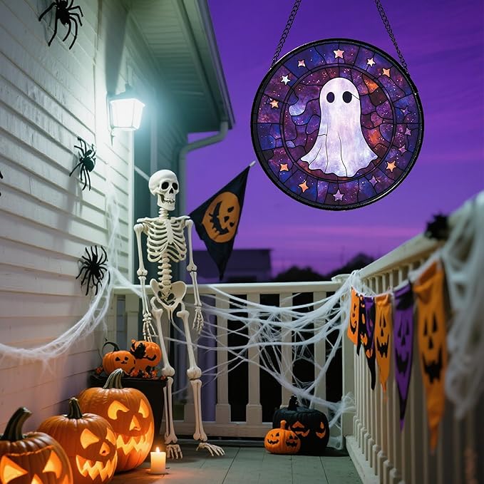 Stained Glass Window Hanging - Halloween White Star Ghost Purple Starry Sky Suncatcher for Doors Garden Indoor Spooky Sun Catchers Gothic Decor Horror Gifts for Women Men Friend 15 in