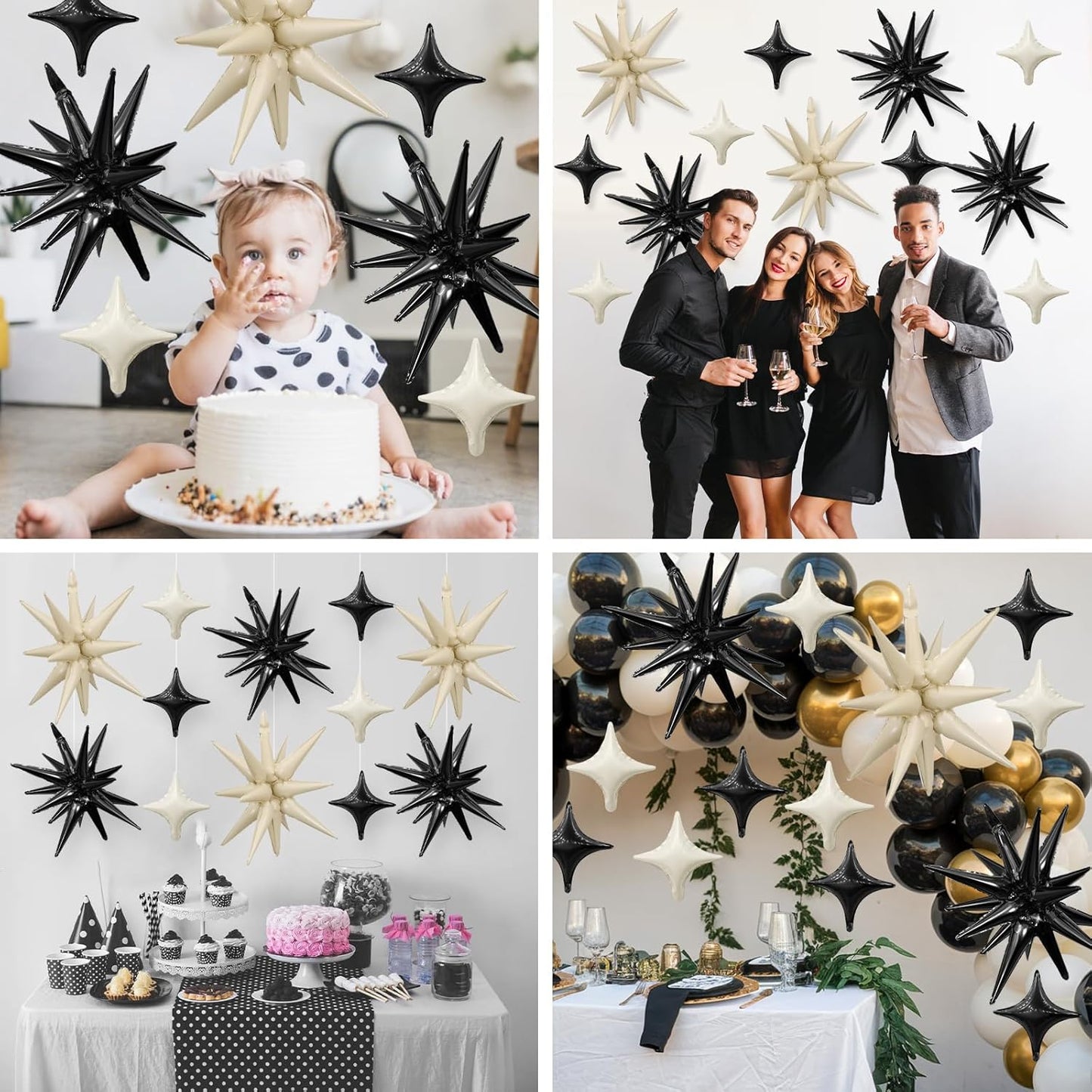 Black White Star Balloon,Sand White Black 6Pcs 22Inch Explosion Star Balloons and 10Pcs 10Inch Four Angle Balloons Kit for Birthday Anniversary Baby Shower Wedding Party Decorations