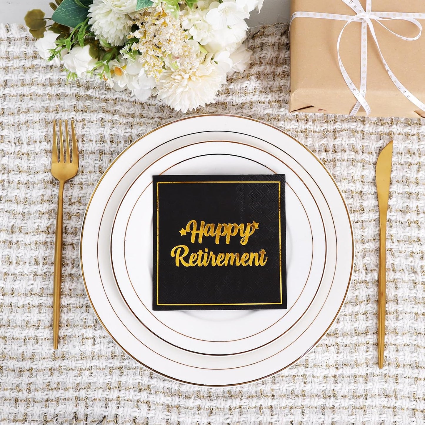 Vuzvuv 50 Pack Happy Retirement Cocktail Napkins - Disposable Paper Hand Napkins for Retirement Parties Farewell Gatherings Office Send-Off Party Decorations Table Decor (5" Folded 2 Ply - Black)