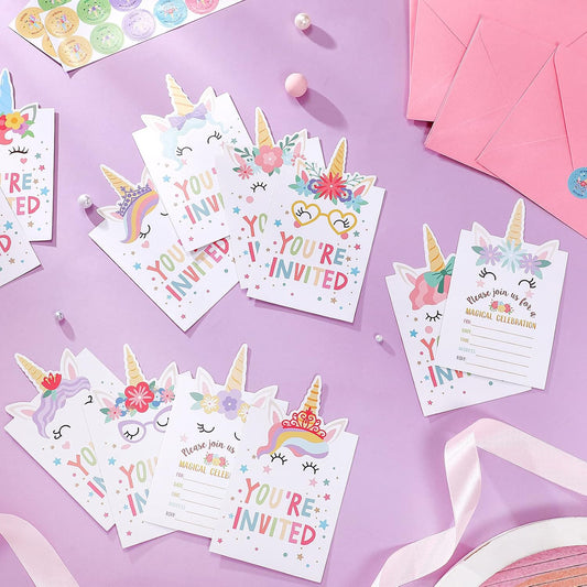 Hotop 24 Sets Unicorn Birthday Invitations with Envelopes and Stickers FOR GIRLS Party Invitations for Kids Birthday Baby Shower Party