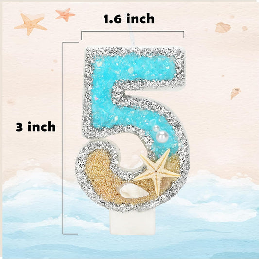 5th Birthday Candle for Cake, Beach Starfish Sequins Candles, 2.76 inch Cake Topper Decoration for Birthday Party (Number 5)