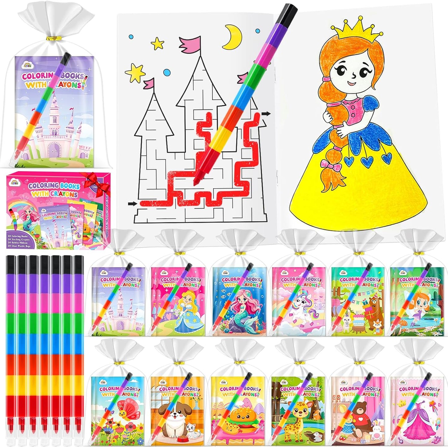ZMLM 24 Coloring Books for Kids Party Favors: Bulk 24 Crayons Mini Coloring Books for Kids Ages 4-8 Birthday Goodie Bags Stuffers Toddlers Return Gifts Classroom Prizes Teacher Crafts (Girls)
