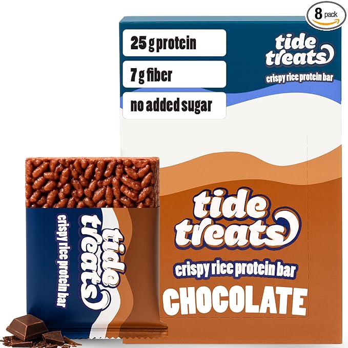 25g Protein Bar Crispy Rice Treat Chocolate | Clean Ingredients, Gluten Free, No Added Sugar, 7g Fiber | High Protein Snack, Post-Workout Dessert Cravings | 8 Count | TideTreats