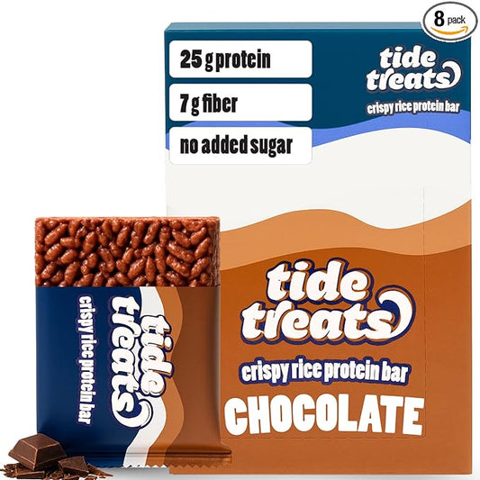 25g Protein Bar Crispy Rice Treat Chocolate | Clean Ingredients, Gluten Free, No Added Sugar, 7g Fiber | High Protein Snack, Post-Workout Dessert Cravings | 8 Count | TideTreats
