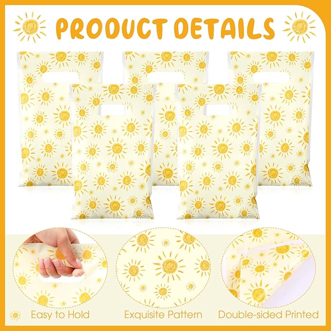 Supervitae 100 Pcs Boho Sun Plastic Gift Bags Bulk with Handles - First Trip Around the Sun Party Favors Summer Sunshine Treat Bags for Birthdays Weddings Snacks Candy Goodie Party Supplies