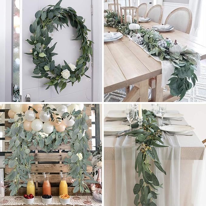 Ageomet 3pcs 6.6ft Eucalyptus Garland, Artificial Eucalyptus Vines Faux Hanging Garland with Fake Leaves for Wedding Party Table Backdrop, Arch Wall Garden Decor