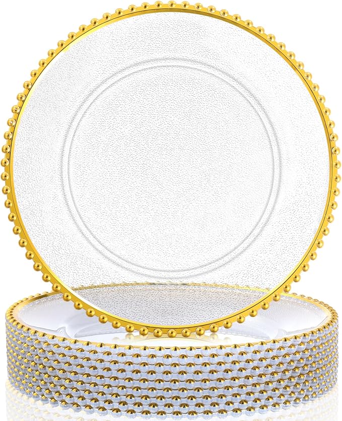 Hoolerry 6 Pack Clear Charger Plates Bulk 13 Inch Plastic Round Beaded Dinner Chargers Acrylic Frosted Grain Decorative Service Plates for Wedding Party Event, Home and Kitchen Tabletop (Gold)