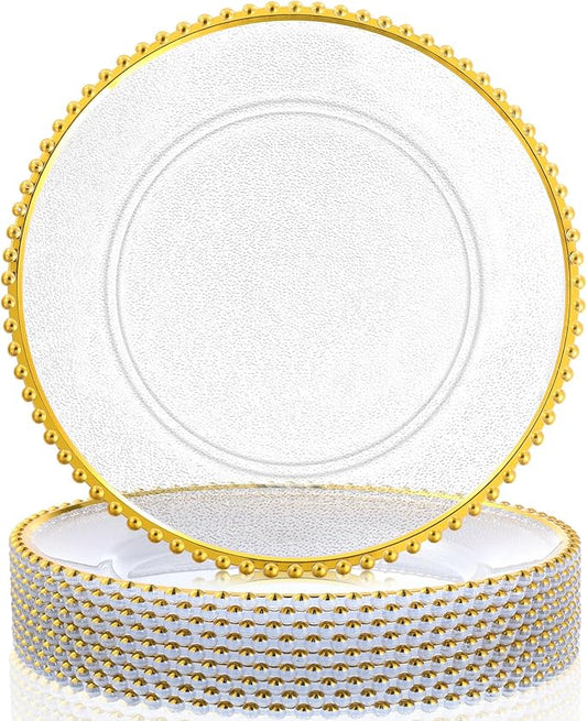 Hoolerry 6 Pack Clear Charger Plates Bulk 13 Inch Plastic Round Beaded Dinner Chargers Acrylic Frosted Grain Decorative Service Plates for Wedding Party Event, Home and Kitchen Tabletop (Gold)