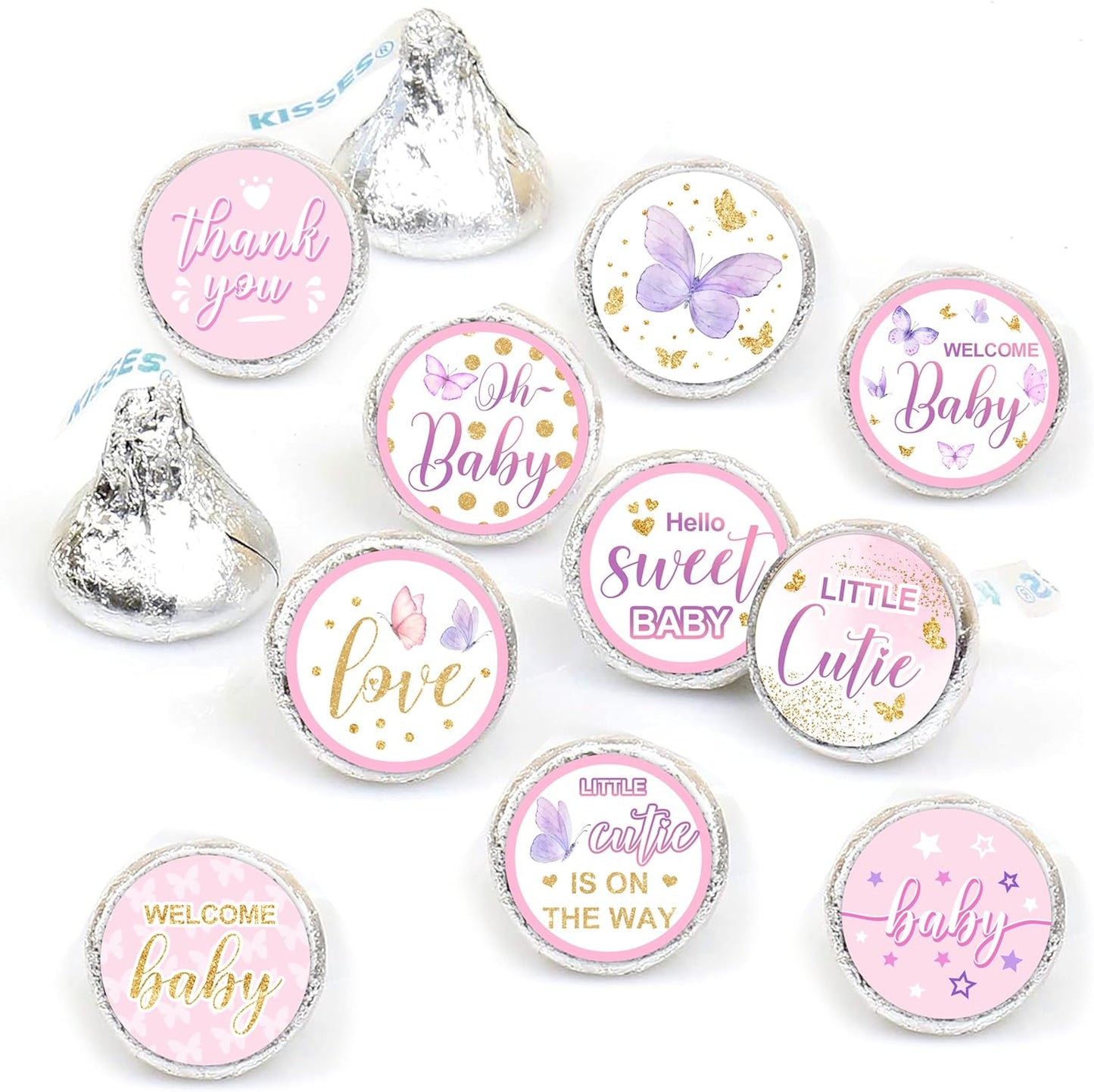 How Many Butterfly Kisses Baby Shower Game Set - Standing Sign, 50 Guessing Cards, 180 Stickers
