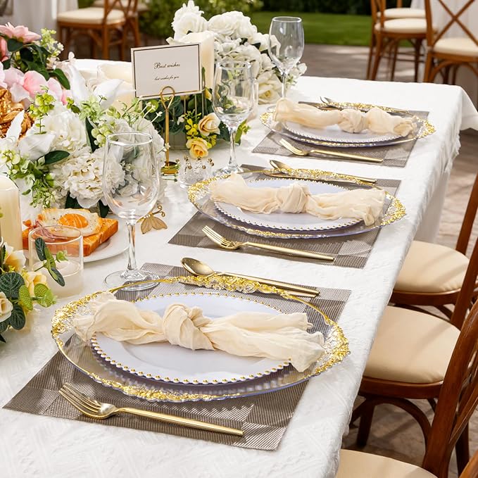 6pcs Clear and Gold Charger Plates,13inch Elegant Plastic Gold Chargers with Floral Trim,Table decoration,Charger Serving Plates for Wedding,Afternoon Tea,Spring,Mother's/Valentine's Day