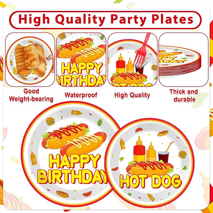 96Pcs Hot Theme Dog Birthday Party Paper Plates and Napkins for Fast Food Themed Party Supplies Hot Dog Themed Paper Dessert Plates Picnic BBQ Tableware Set for 24 Guests Birthday Party Decorations