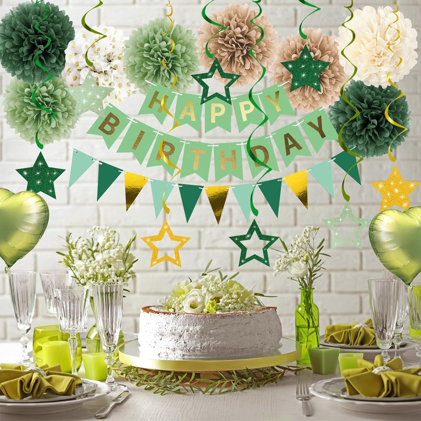 Happy Birthday Decorations for Women and Girls Sage Green Retro Rustic Neutral Boho Party Supplies - Banner, Fringe Curtains, Pom Poms, Hanging Swirls, Balloons, Cake Toppers
