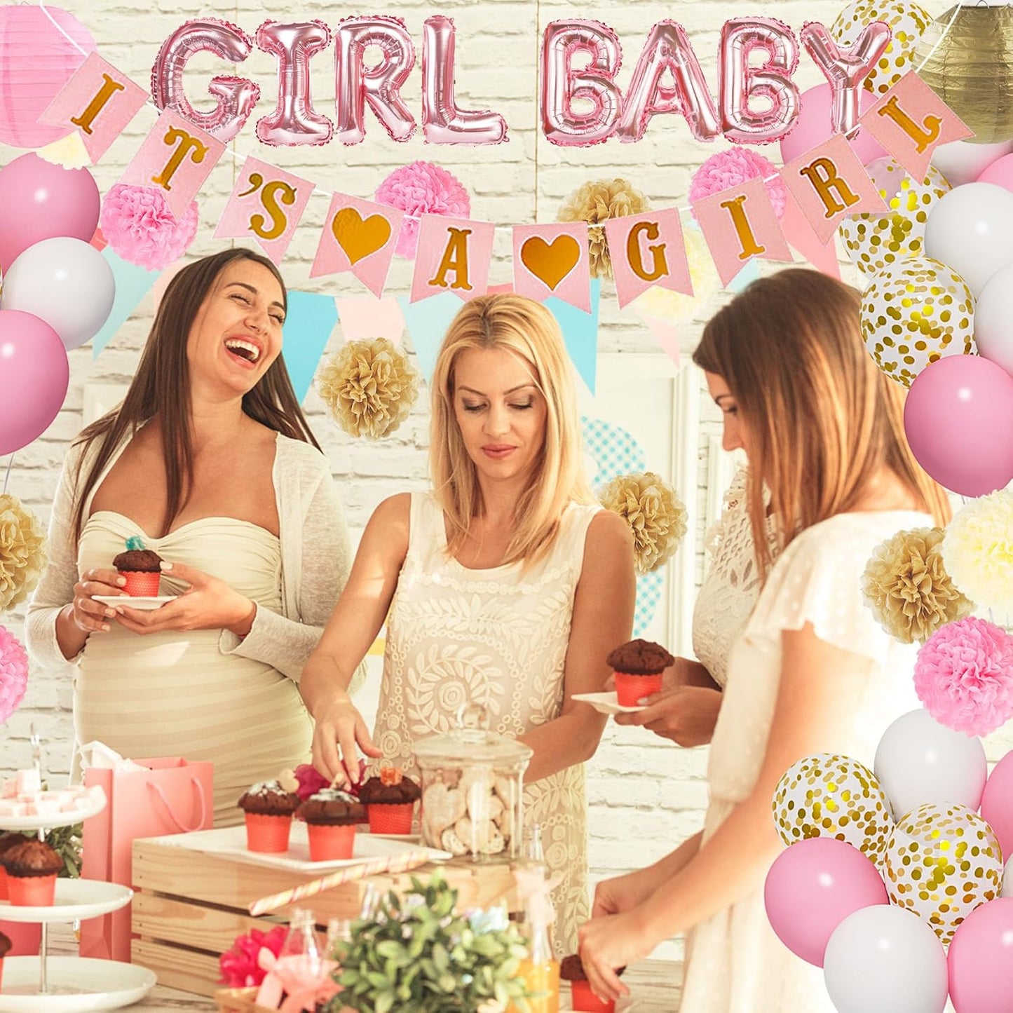 Ouddy Party Pink Baby Shower Decorations for Girls with Its a Girl Banner, Baby Girl Letter Pink Gold Confetti Balloons Paper Pom Poms for Baby Shower Gender Reveal Party Supplies