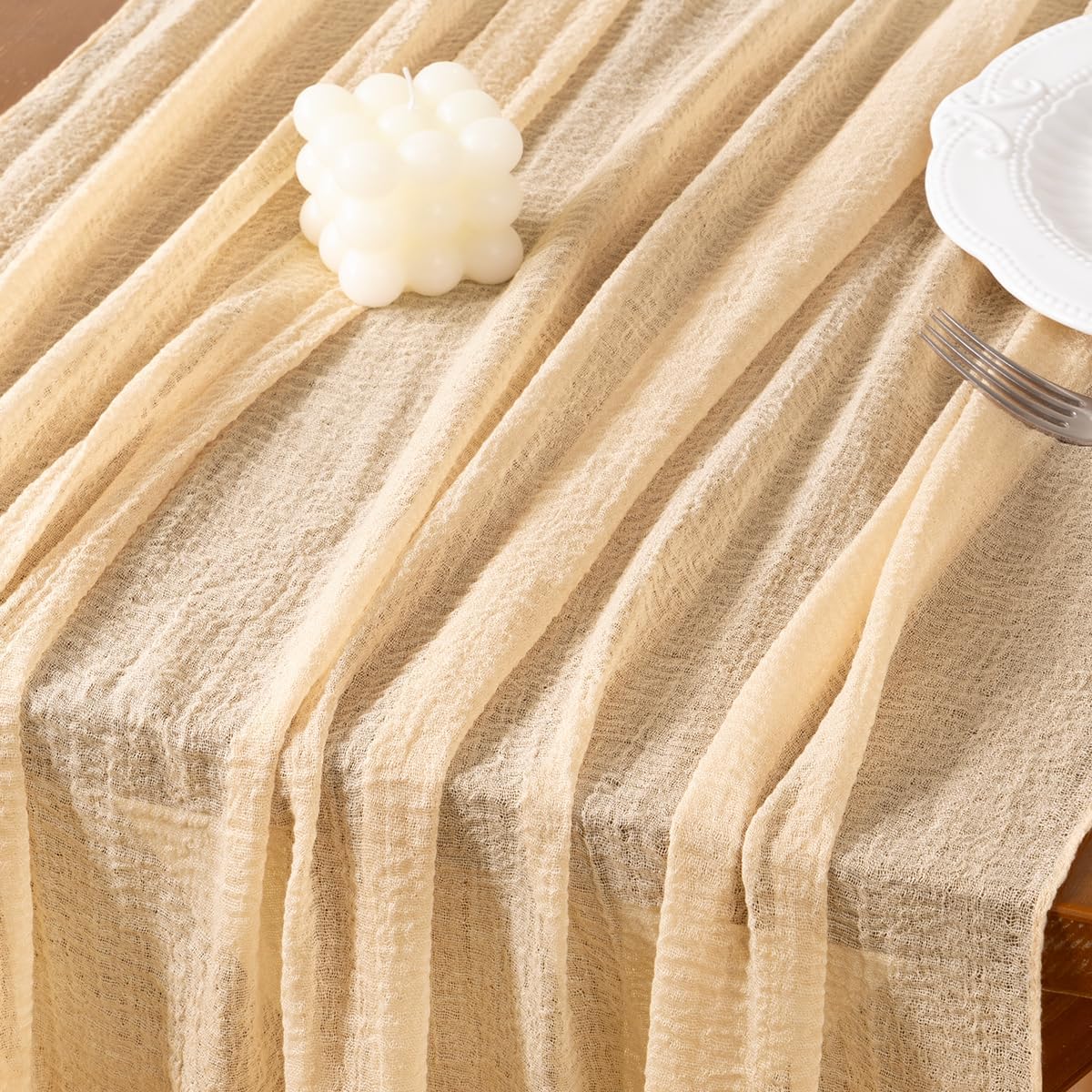Socomi 3pcs Beige Cheesecloth Table Runner Fall Thanksgiving Gauze 120 Inch Rustic Boho Cheese Cloth Runner for Wedding Party Baby Bridal Shower Centerpiece Decoration Holiday Home Decorations