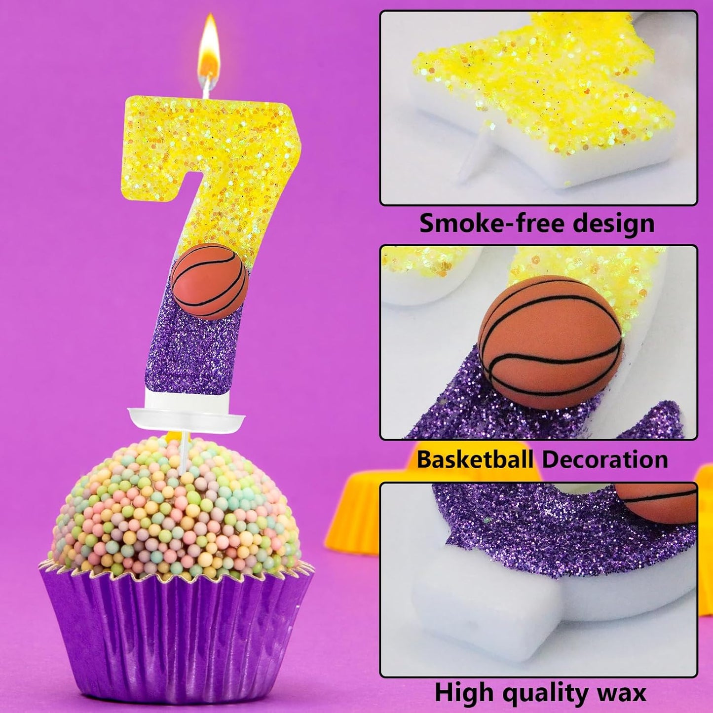 HXOUSE Basketball Number 7 Birthday Candles - Purple Gold Birthday Candles for Cake, 7 Candle for Basketball Theme Cake Topper, Boys Sport Party Decorations Gifts (No.7)