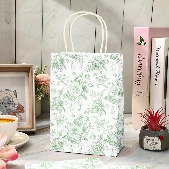 JarThenaAMCS 24Pcs Sage Green Floral Paper Gift Bag Vintage Flower Treat Bags with Handles Chinoiserie Candy Goodie Packaging Bags for Birthday Wedding Party Favors Supplies