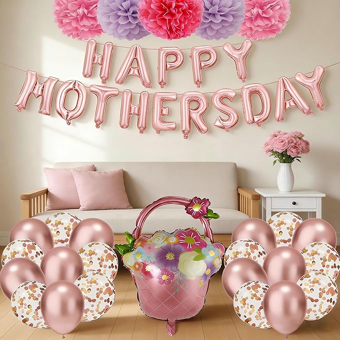 Mothers Day Decorations for Party - Mother's Day Decoration Pom-Poms Set Happy Mothers Banner & Balloon Kit with Pink and Light pruple, Rose Gold Confetti Balloons,Spiral Ornaments for Photo Backdrop & Party Decor