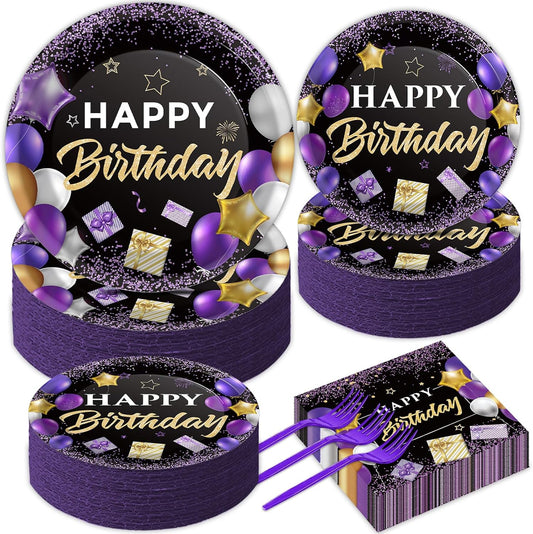 gisgfim 50 Guests Purple Birthday Plates and Napkins Purple and Black Happy Birthday Party Supplies Tableware Set Table Decorations for Women Girl Birthday Decoration Paper Plates Napkins Forks 200PCS