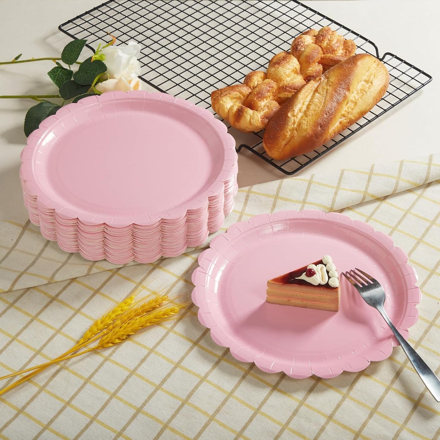 BEFORYOU 50PCS Scalloped Disposable Paper Plates Dessert Cake Party Plates for Baby Shower, Wedding,Bridal Shower Birthday Party Supplies (Pink, 7IN and 9IN)