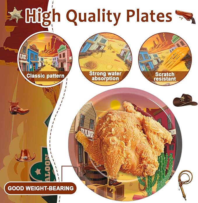 96 PCS Western Party Paper Plates and Napkins Rodeo Party Supplies Western Cowboy Disposable Tableware Set Wild West Desert Town Plate for Baby Shower Birthday Gatherings Decorations