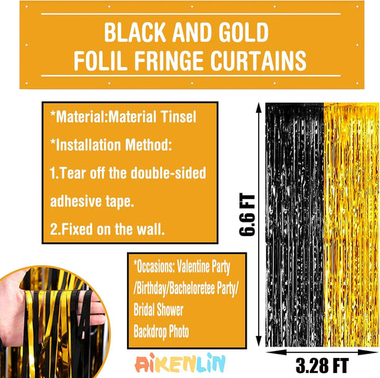 4 Pack 3.2Ft x 6.6Ft Black Gold Foil Fringe Curtain Backdrop, Metallic Tinsel Foil Fringe Streamers Curtains Background for Photo Booth, Birthday, Wedding, Graduation, Carnival Party Decoration