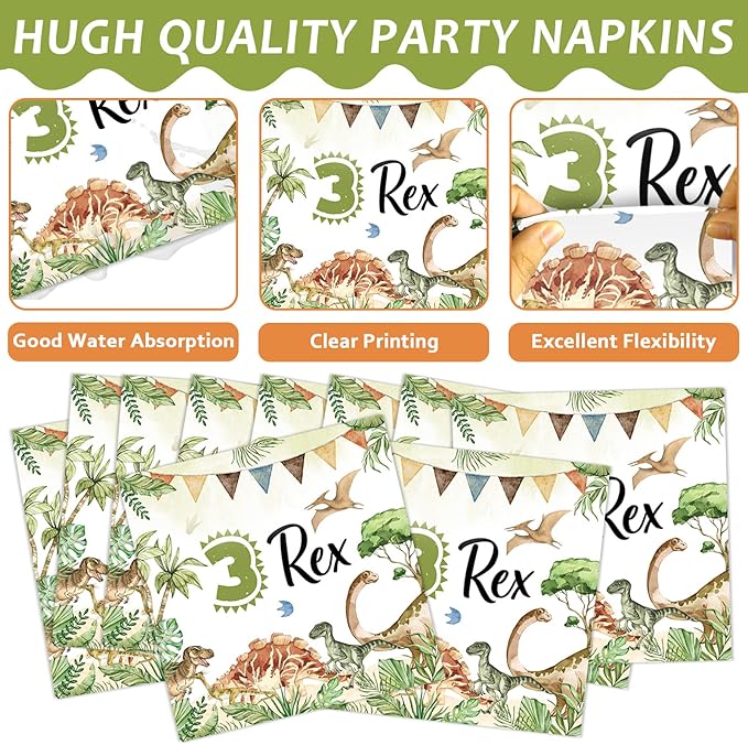96PCS Dinosaur 3rd Birthday Party Paper Plates and Napkins and Forks Set Watercolor Dino Rex Tableware Set Three Rex Theme Dinnerware Paper Plates for Kids Birthday Gatherings Decorations
