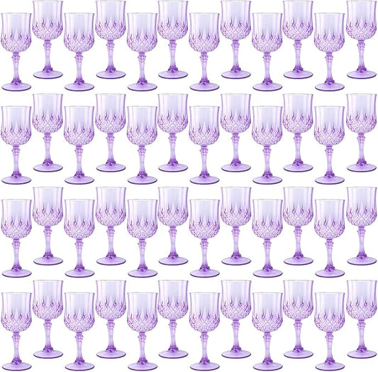 Plastic Wine Glasses, Plastic Goblets Vintage Style Cordial Unbreakable Drinking Glasses, Reusable Drinkware for Wedding Reception, Grand Event Party Supplies, Easter (48, Purple)