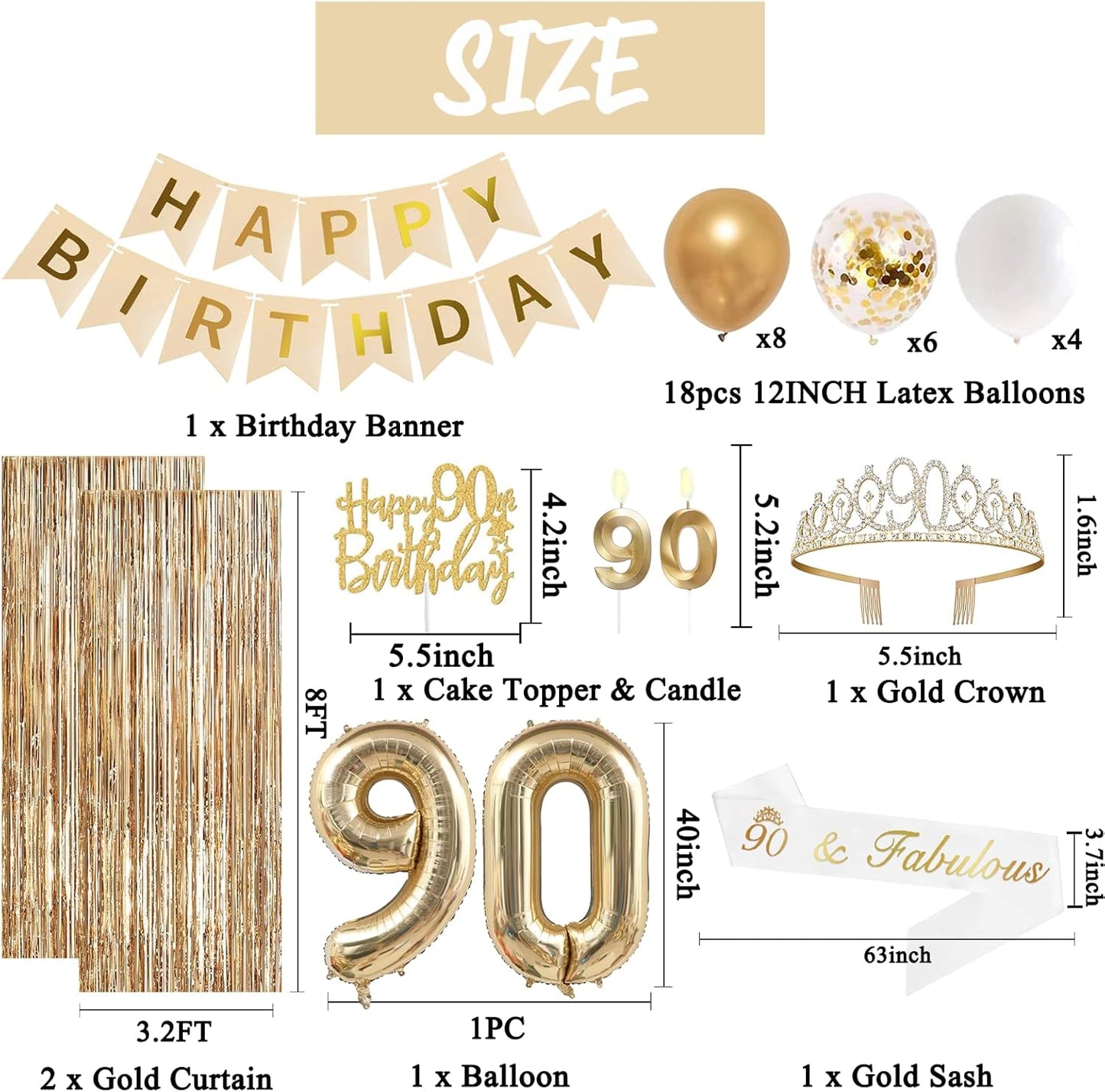 Trgowaul 90th Birthday Decorations for Women, Banner, Sash and Crown, Cake Topper, 90 Number Balloon, Fringe Curtains, Champagne Gold 90th Birthday Party Supplies