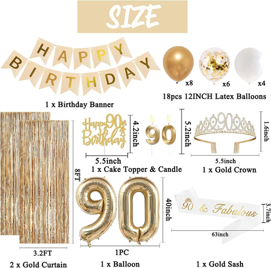 Trgowaul 90th Birthday Decorations for Women, Banner, Sash and Crown, Cake Topper, 90 Number Balloon, Fringe Curtains, Champagne Gold 90th Birthday Party Supplies