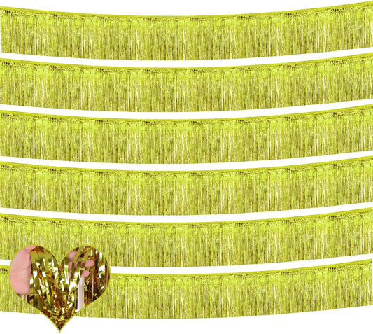 6 Pack 10 Feet Foil Fringe Garland Metallic Tinsel Banner Wall Hanging Curtain Streamers Backdrop for Parade Floats Bachelorette Wedding Birthday Party Thanksgiving Christmas Decorations(Light Gold)