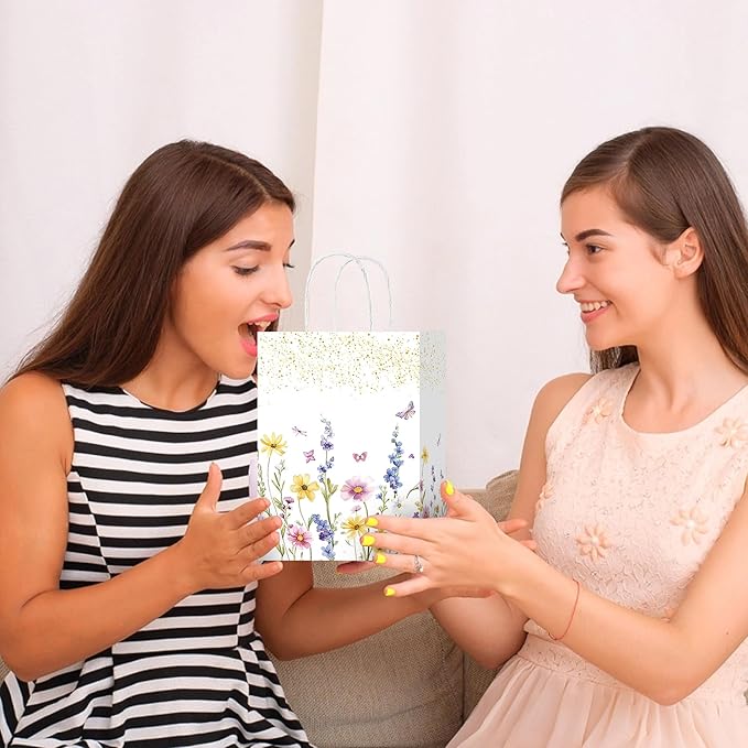 W WINTMING 16 Pcs Wildflower Gift Bags Spring Flower Welcome Bags White Paper Bag with Handle Floral Party Favor Candy Goodie Bag for Baby Shower Wedding Bridal (Wildflower-2, 16)