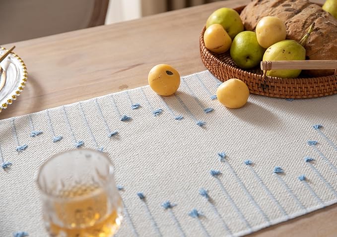 Boho Table Runner 13 x 48 Inch Long Natural Cotton Woven Runner with Tassels for Home Dining Table décor, for Modern Farmhouse Decor Coffee Table Runner, Light Blue and Beige