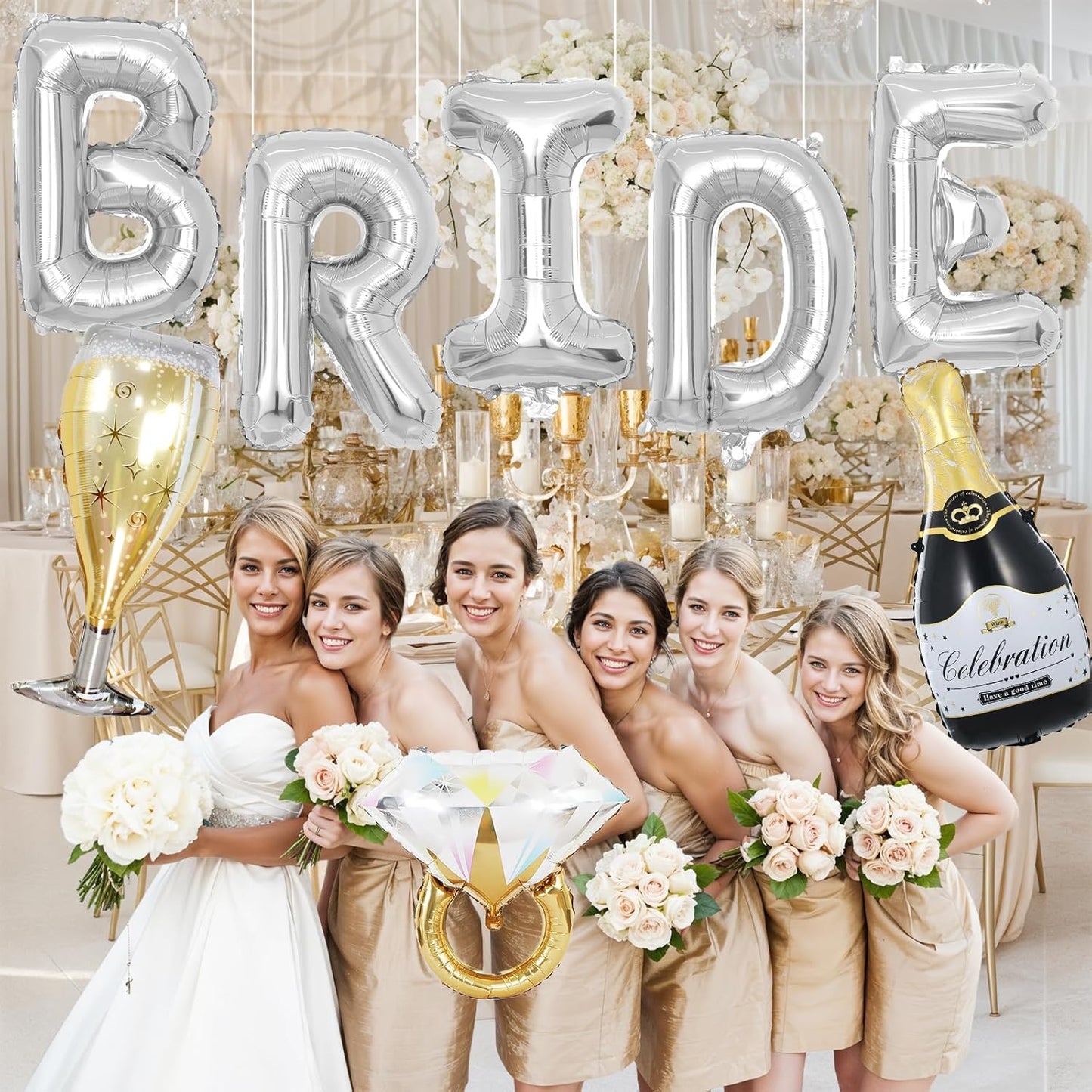 40inch Bride Balloons Silver Letters Banner, Bachelorette Party Decorations Set with Diamond Ring Champagne Bottle Balloon Glass Foil Balloon for Silver Bachelorette Engagement Wedding Bridal Shower