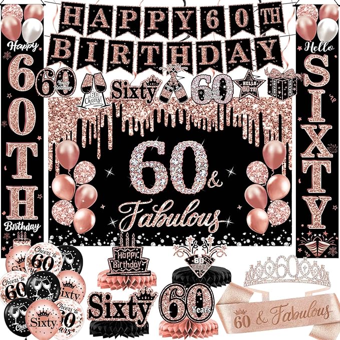 60th Birthday Decorations for Women, 38pcs 60th Birthday Crown and Sash, Black Rose Gold Happy 60th Birthday Banner Balloons Backdrop Hanging Swirls Porch Banner for 60 Years Old Birthday Decorations