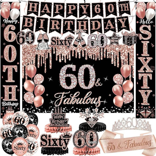 60th Birthday Decorations for Women, 38pcs 60th Birthday Crown and Sash, Black Rose Gold Happy 60th Birthday Banner Balloons Backdrop Hanging Swirls Porch Banner for 60 Years Old Birthday Decorations