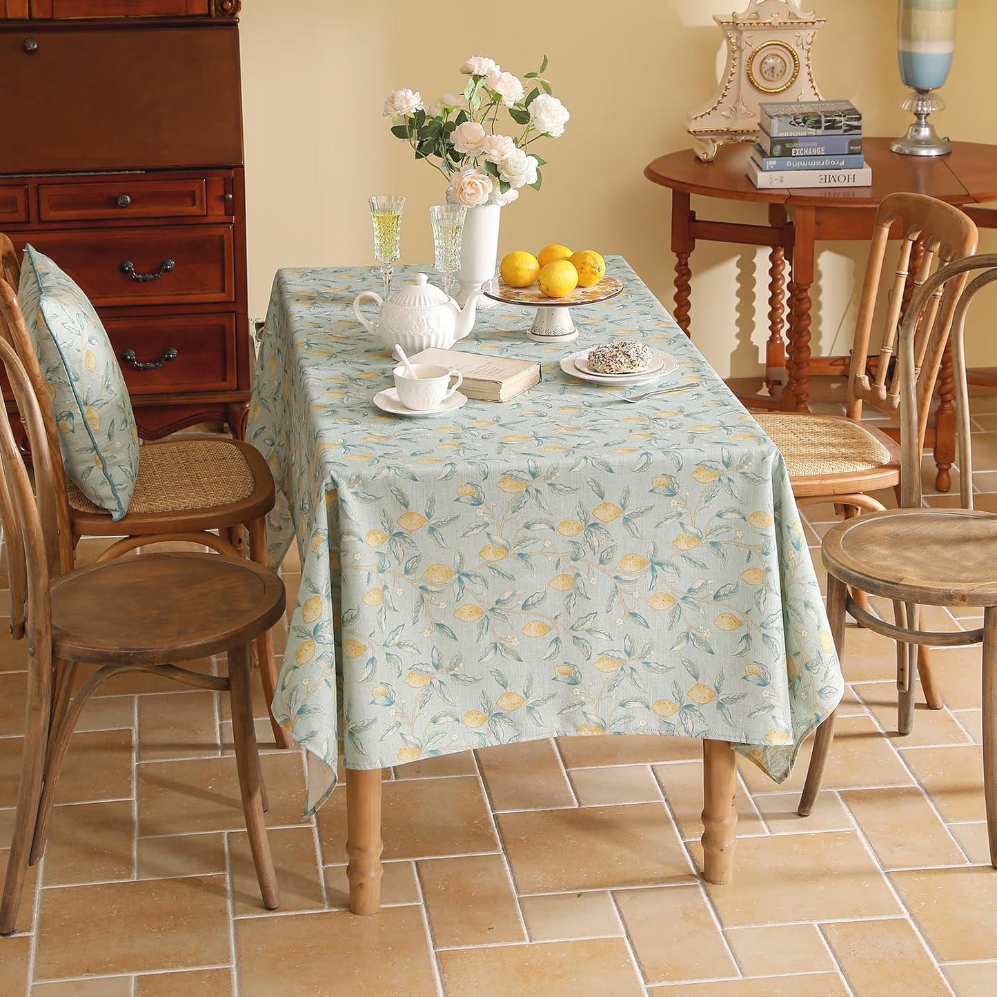 patdrea Designer Linen Green Tablecloth for Rectangle Table,Vintage Yellow Fruits Pattern Extra Long Table Cloth,Decoration Cover for Kitchen Dining,Christmas,Thanksgiving,Party,63"x110"-Ania a
